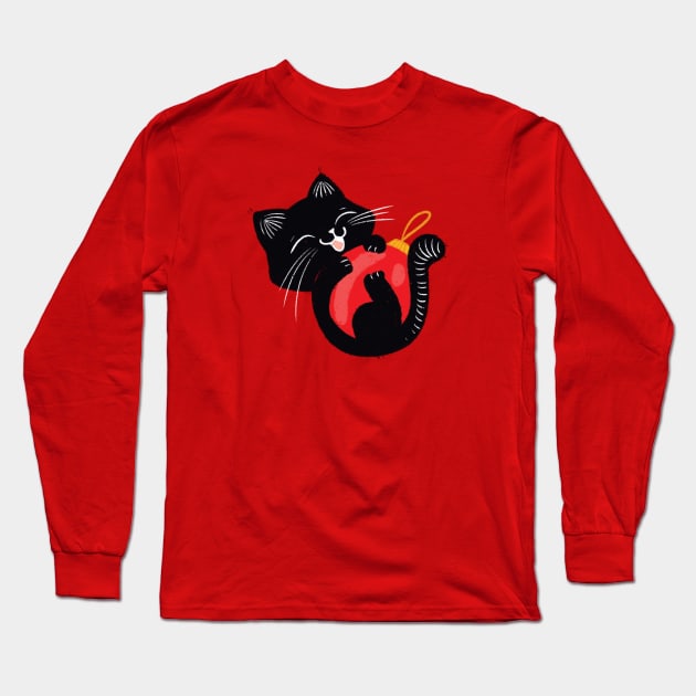 Cute black kitten with red ball Long Sleeve T-Shirt by iulistration